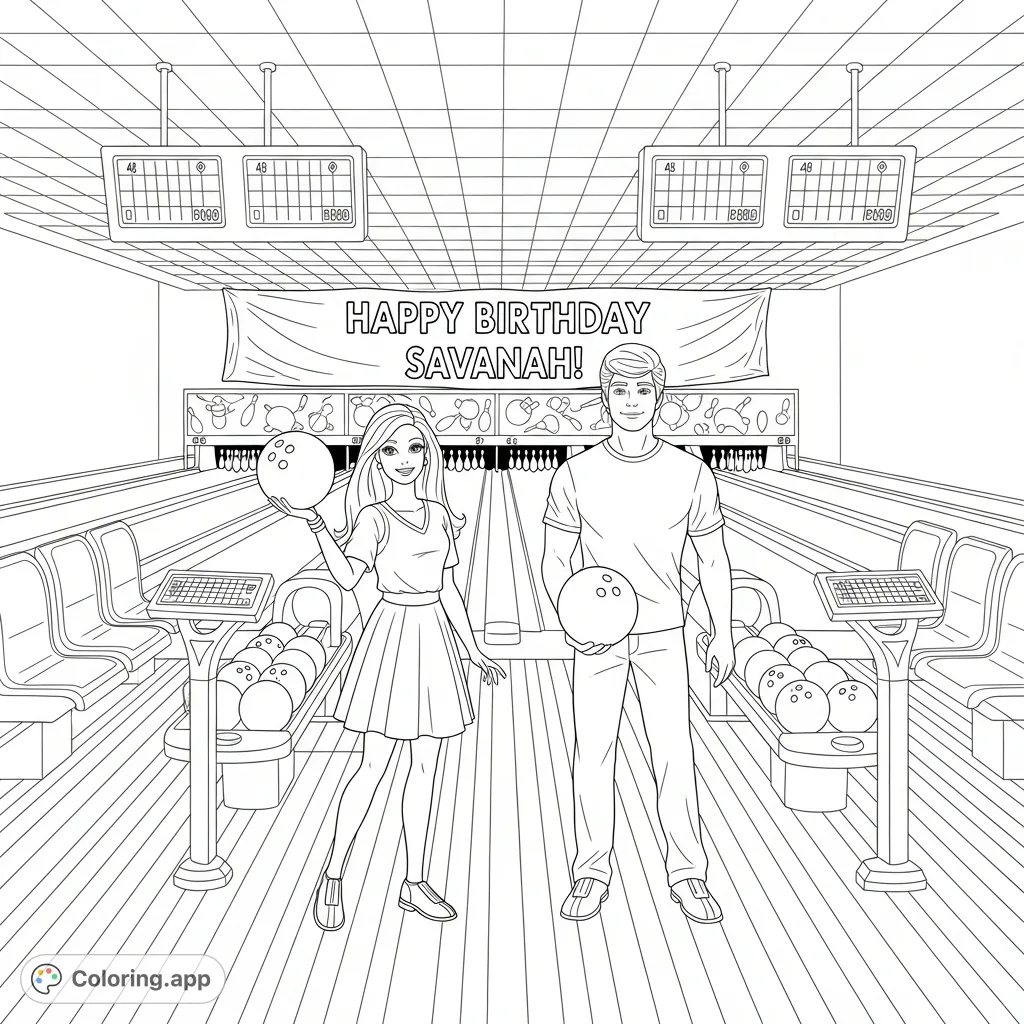 Join Barbie and Ken for a festive bowling celebration! Featuring a personalized "Happy Birthday Savanah!" banner and a fun alley scene.