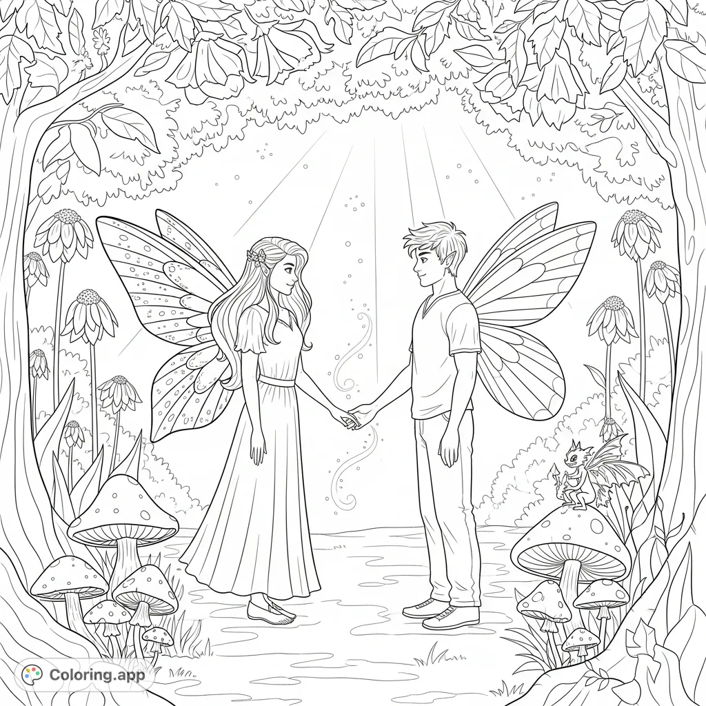 Discover an enchanting fairy teen and male, with intricate wings and flowing attire, holding hands in a magical forest clearing, offering a detailed fantasy coloring page.