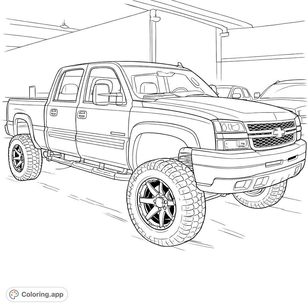 Color this powerful, lifted four-door pickup truck with large off-road tires, perfect for truck enthusiasts. A detailed vehicle coloring page.