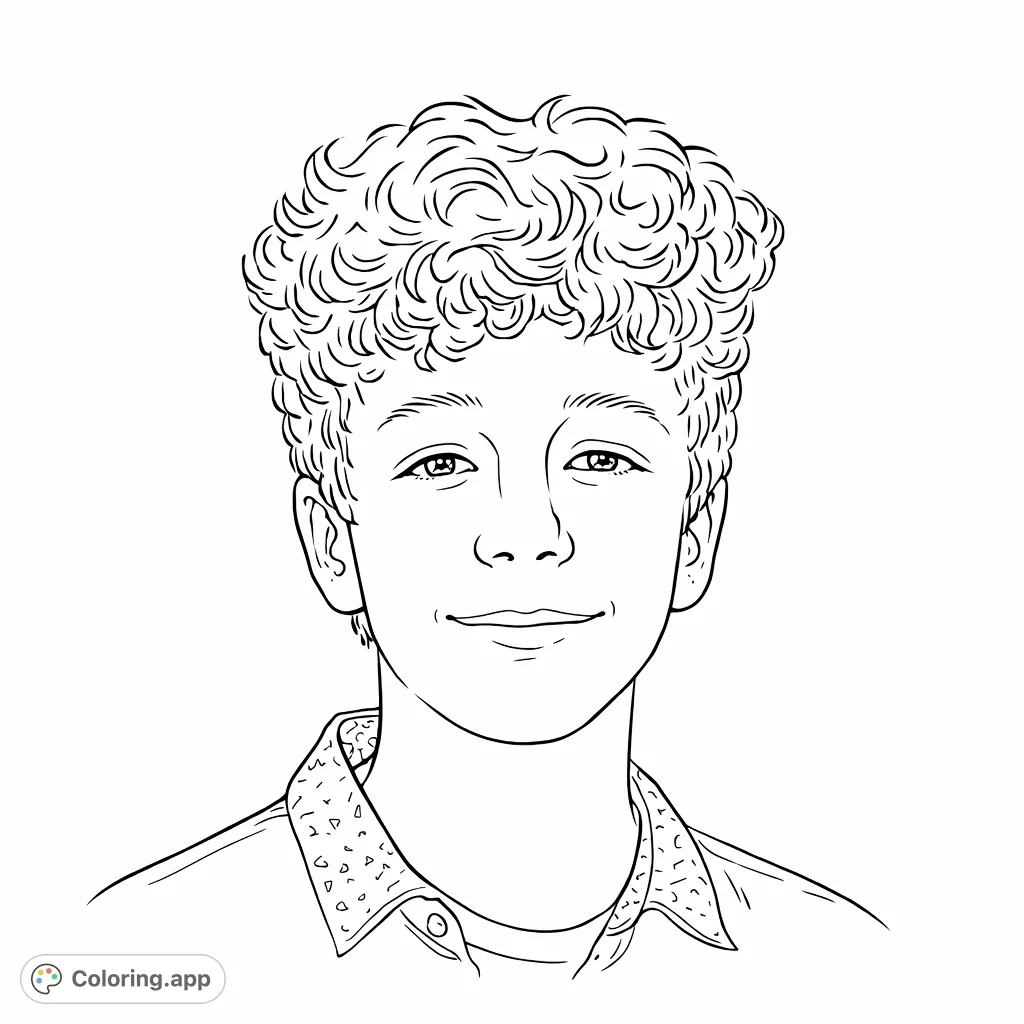 A friendly young man with curly hair and a patterned shirt, captured in a portrait perfect for creative coloring fun. A free printable coloring page.