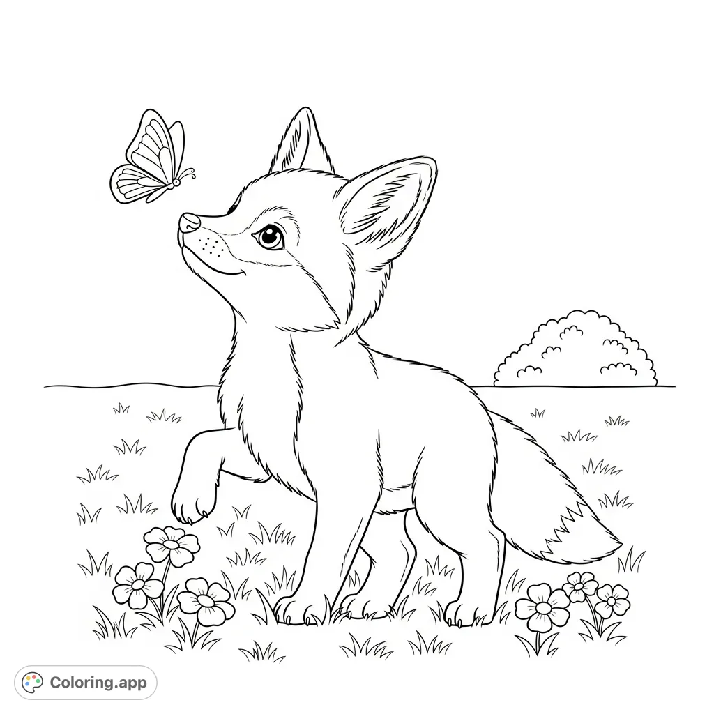 A delightful baby fox coloring page featuring a curious fox interacting with a delicate butterfly in a field of wildflowers. Perfect for nature lovers!