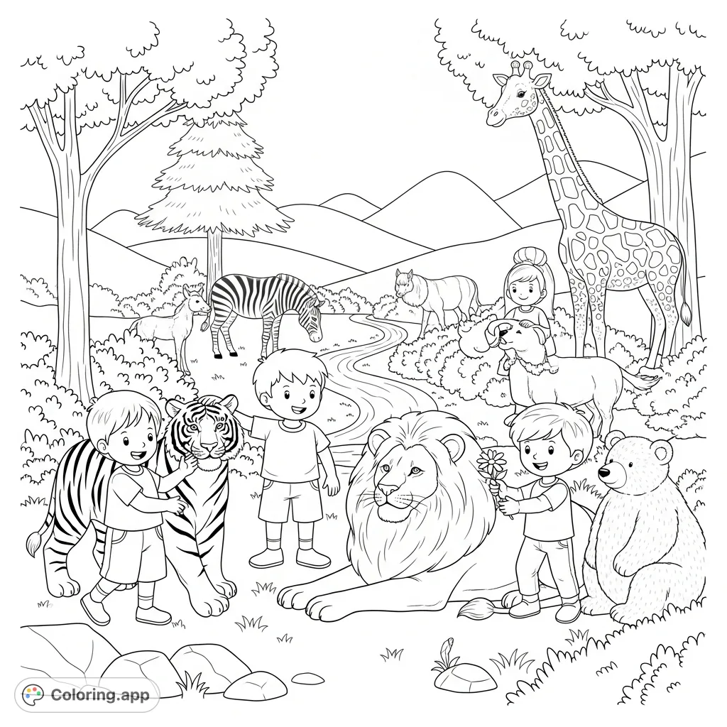 Joyful children interact playfully with friendly wild animals like tigers, lions, giraffes, and zebras in a serene, detailed natural setting, fostering imagination.