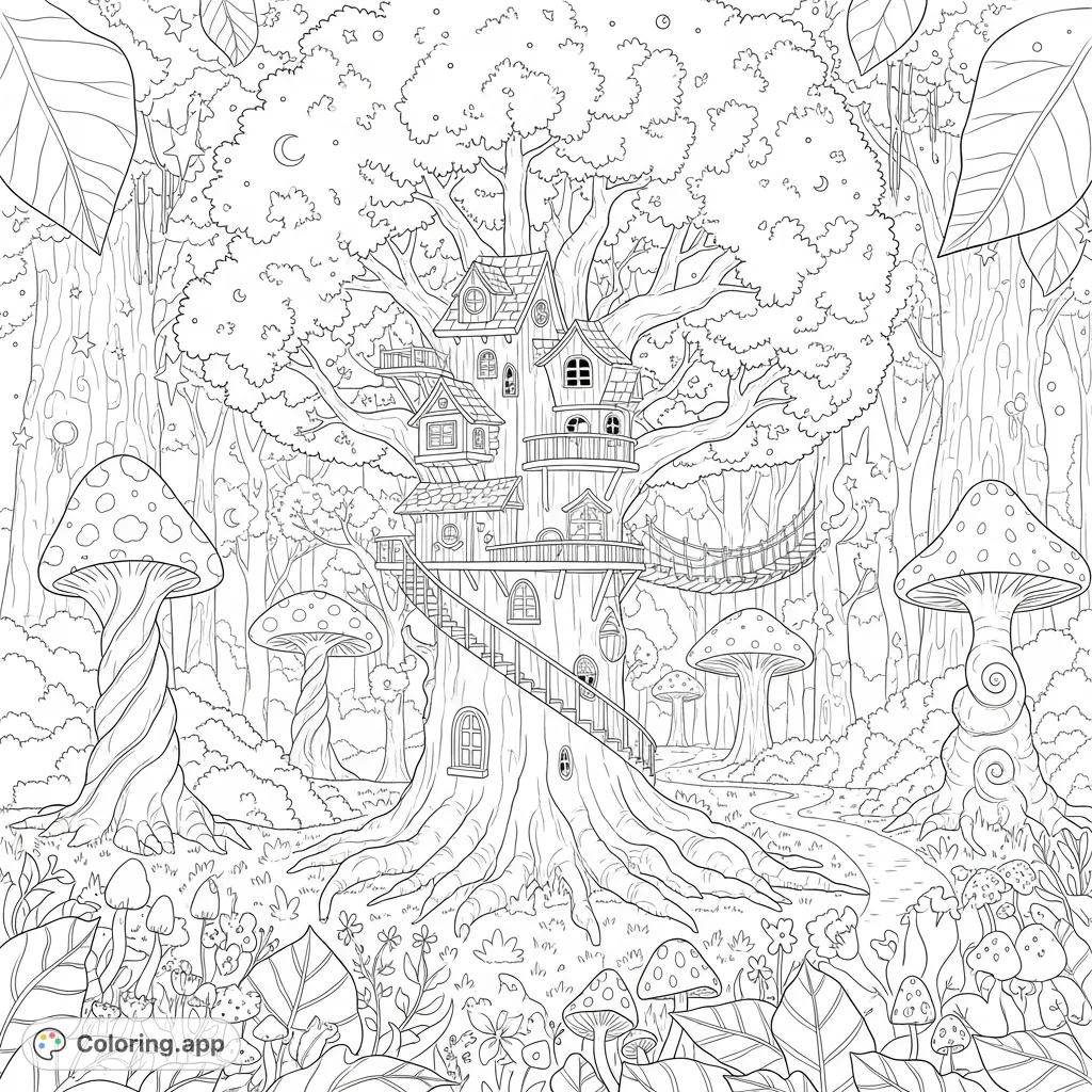 Whimsical Treehouse Forest - Coloring.app