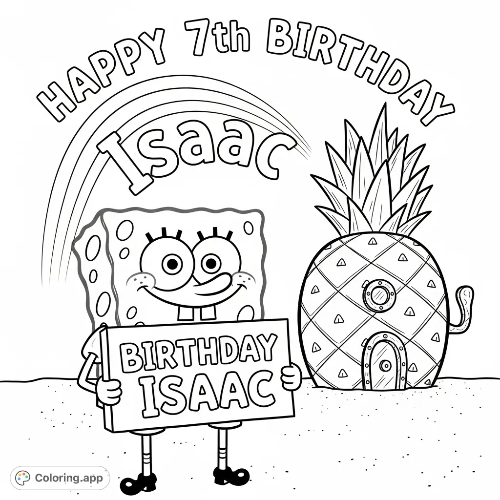 SpongeBob SquarePants delivers a joyful birthday message, holding a special sign for Isaac in front of his iconic pineapple home. A fun, personalized coloring page!