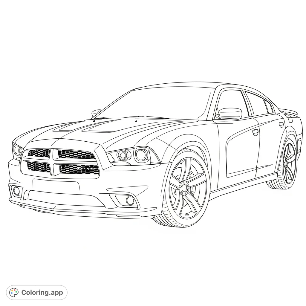 Experience the power of the 2011 Dodge Charger Hemi. This free printable automotive coloring page showcases its iconic design, perfect for car enthusiasts.
