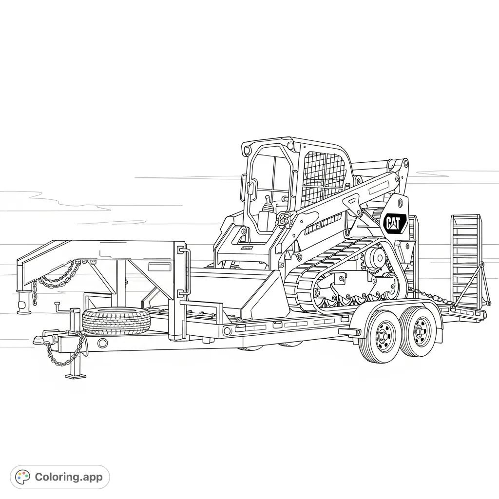 A detailed Cat skid steer loader sits securely on a gooseneck trailer, ready for transport. Explore the intricate machinery and trailer components.