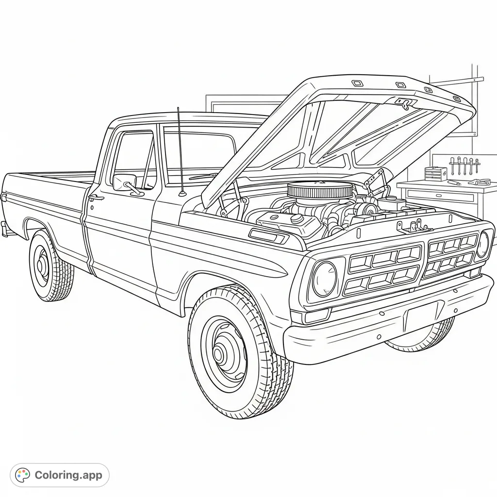 Color a detailed 1970 Ford F-350 truck with its hood open, revealing the powerful 7.3 engine. A free printable coloring page for vintage truck enthusiasts.