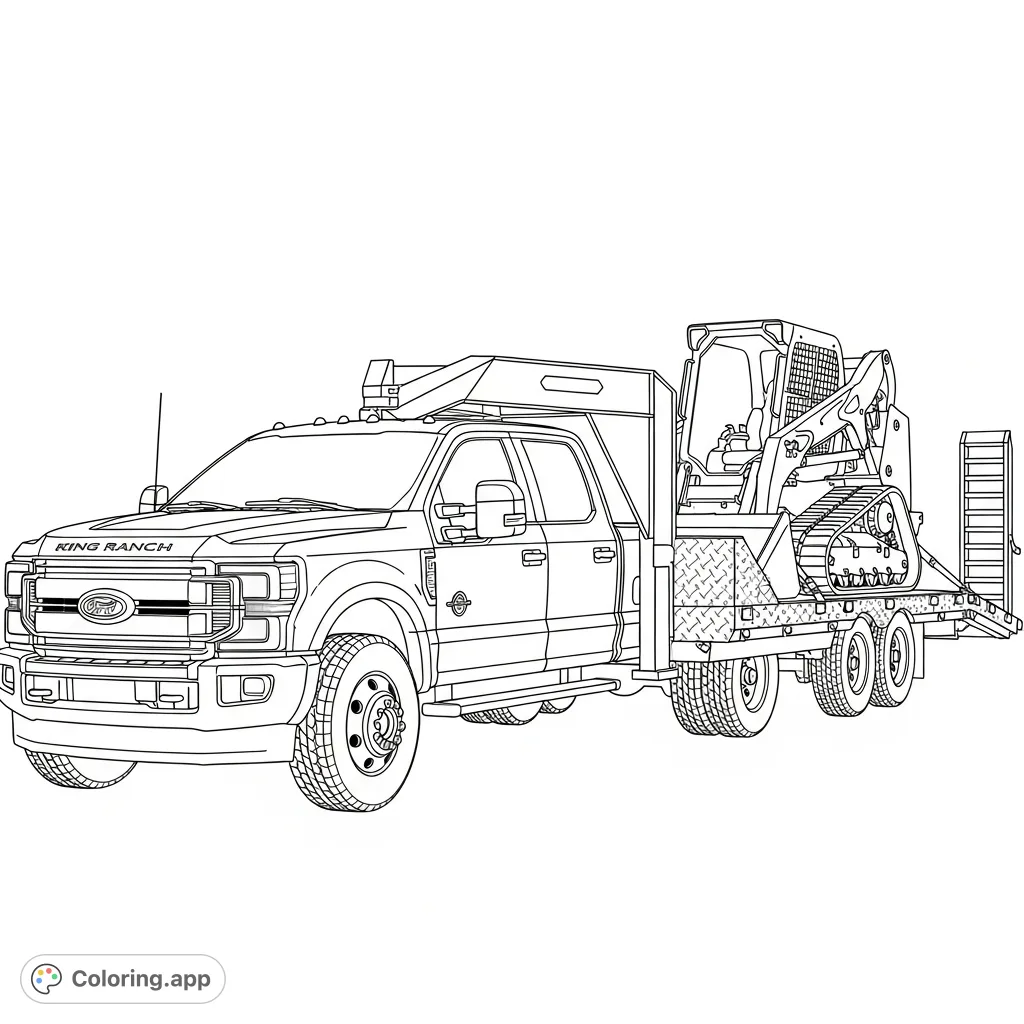 Haul heavy with this detailed coloring page featuring a powerful F-450 King Ranch, a gooseneck trailer, and a robust skid steer, ready for work.