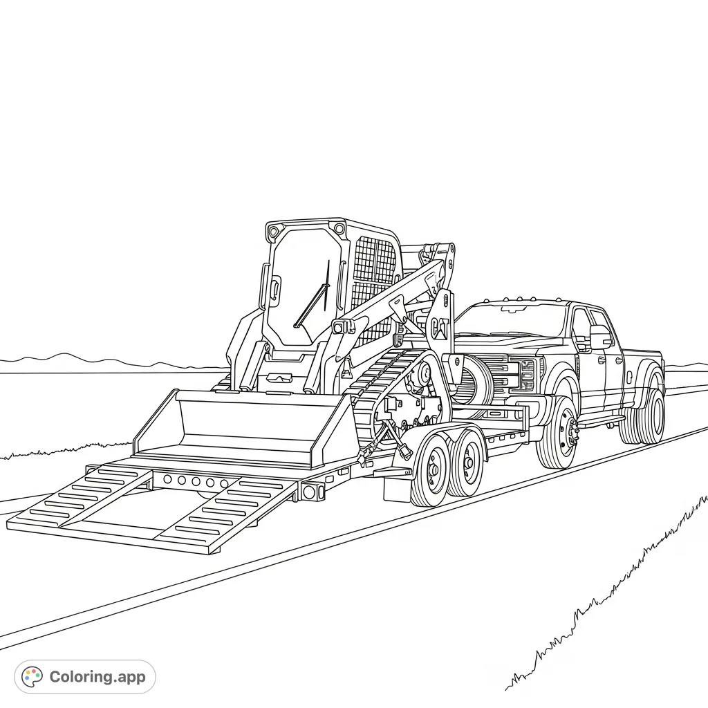An F-450 truck pulls a trailer carrying a detailed Cat skid steer, featuring an empty bucket and a heavy-duty design. Perfect for vehicle enthusiasts!