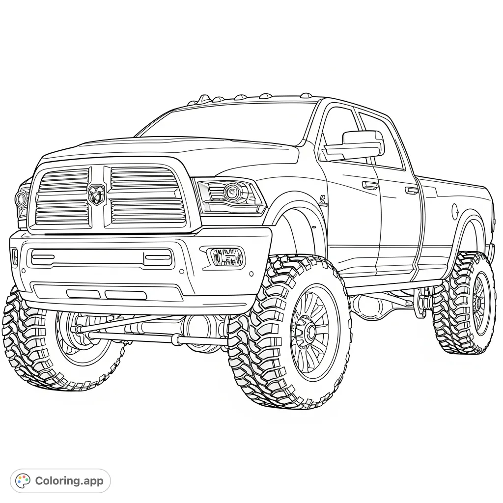 Capture the commanding presence of a Ram 3500 pickup truck with its distinctive wide tires in this detailed automotive coloring page. Perfect for enthusiasts.