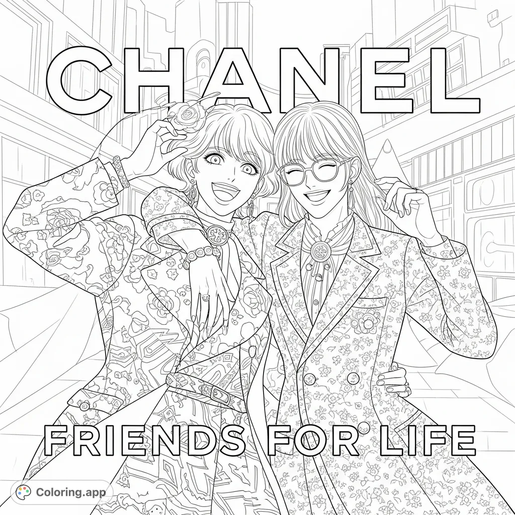 A chic coloring page featuring two stylish characters, A-RISTA and a friend, adorned in elegant attire with "CHANEL" and "FRIENDS FOR LIFE" text, set in an urban scene.