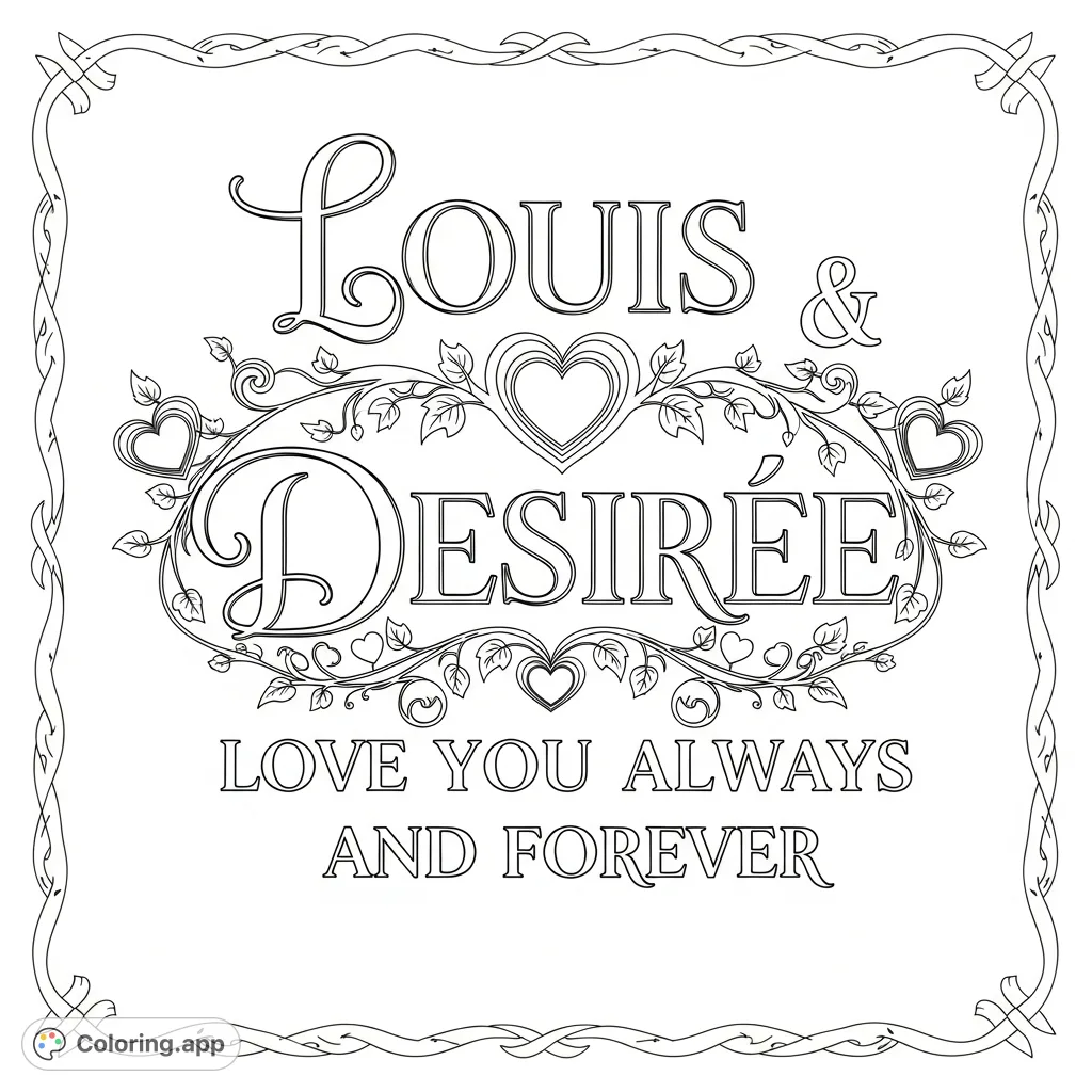 A heartfelt coloring page featuring the names LOUIS and DESIREE, surrounded by intricate floral designs and the loving phrase "LOVE YOU ALWAYS AND FOREVER".