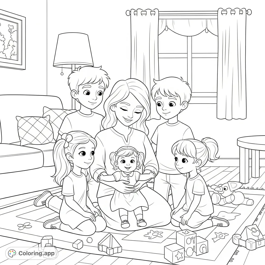 A heartwarming family coloring page featuring Mamma, Liam, Jordan, Skyla, and Allis in a cozy living room, capturing a moment of togetherness and affection.