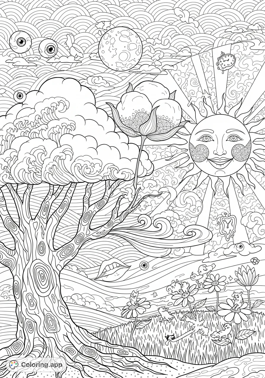 Explore similes, metaphors, and personification in this creative coloring page. Features visual examples like a cloud and cotton, a moon like a pearl, and dancing flowers.