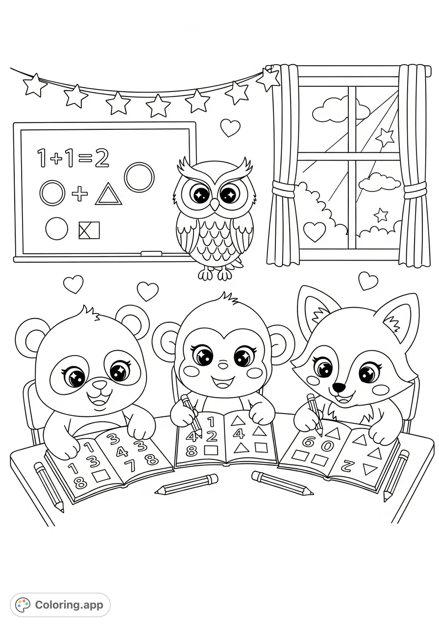 A heartwarming classroom scene with a panda, monkey, and fox learning math from a wise owl teacher. Full of cute animals and playful details.