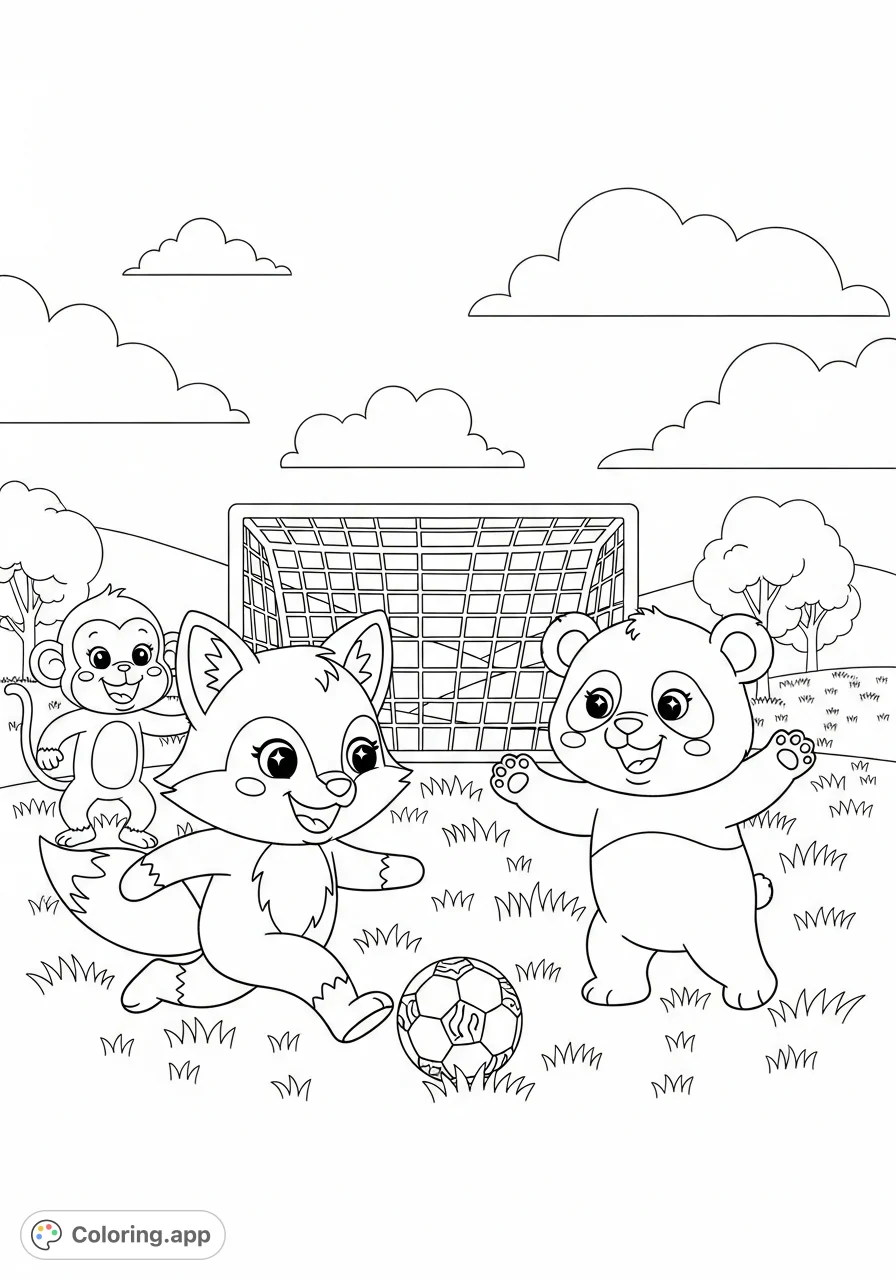A charming coloring page of a fox, panda, and monkey joyfully playing football, featuring big sparkling eyes and wide happy smiles amidst a simple outdoor scene.