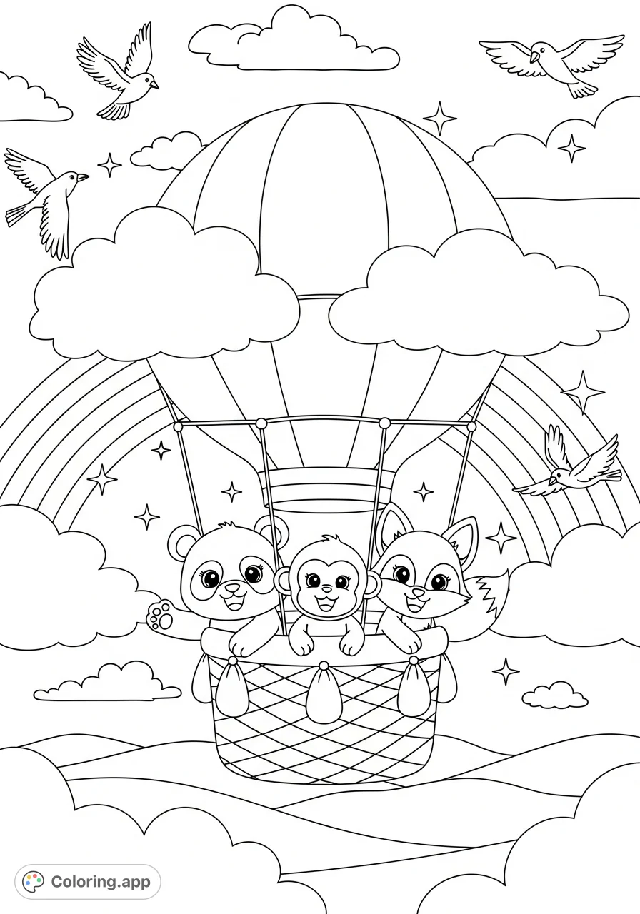 A delightful hot air balloon scene featuring a cheerful panda, monkey, and fox soaring among clouds and a rainbow. Perfect for kids to unleash creativity!