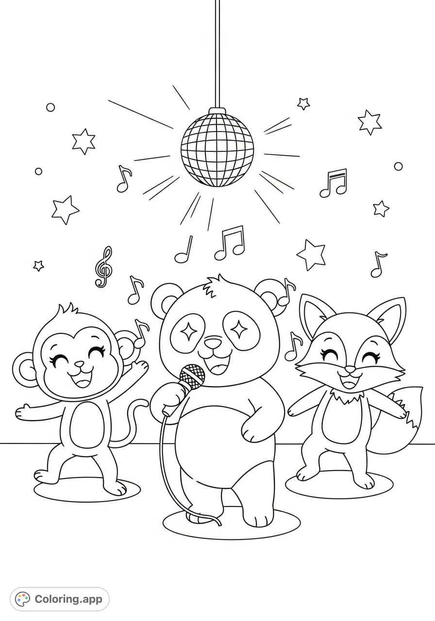 Join a panda, monkey, and fox for a cute karaoke party! This joyful animal coloring page features singing, dancing, and a disco ball for endless creative fun.