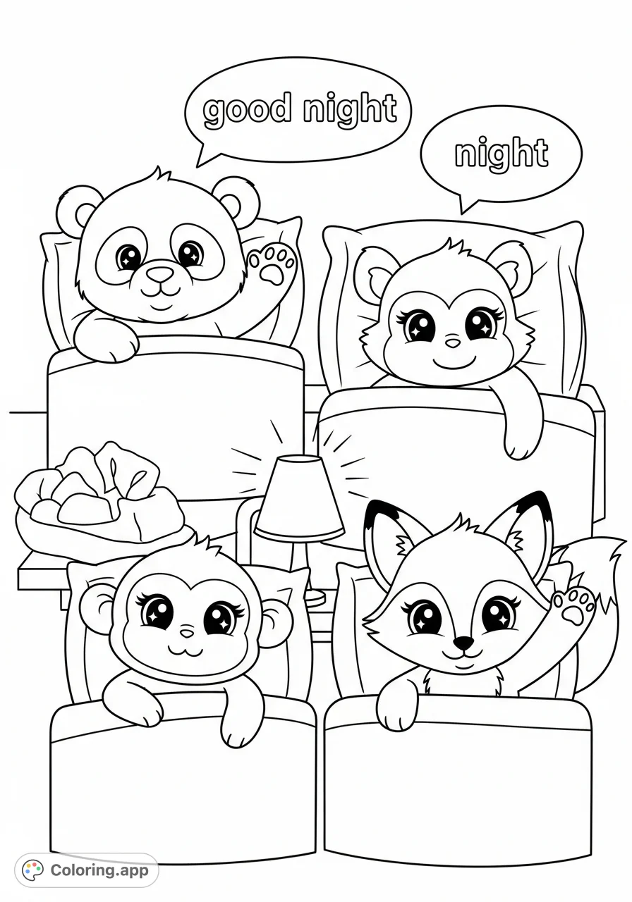 Join a panda, monkey, and fox in their cozy beds, waving goodnight. This charming scene with speech bubbles and a night lamp is perfect for kids to color.