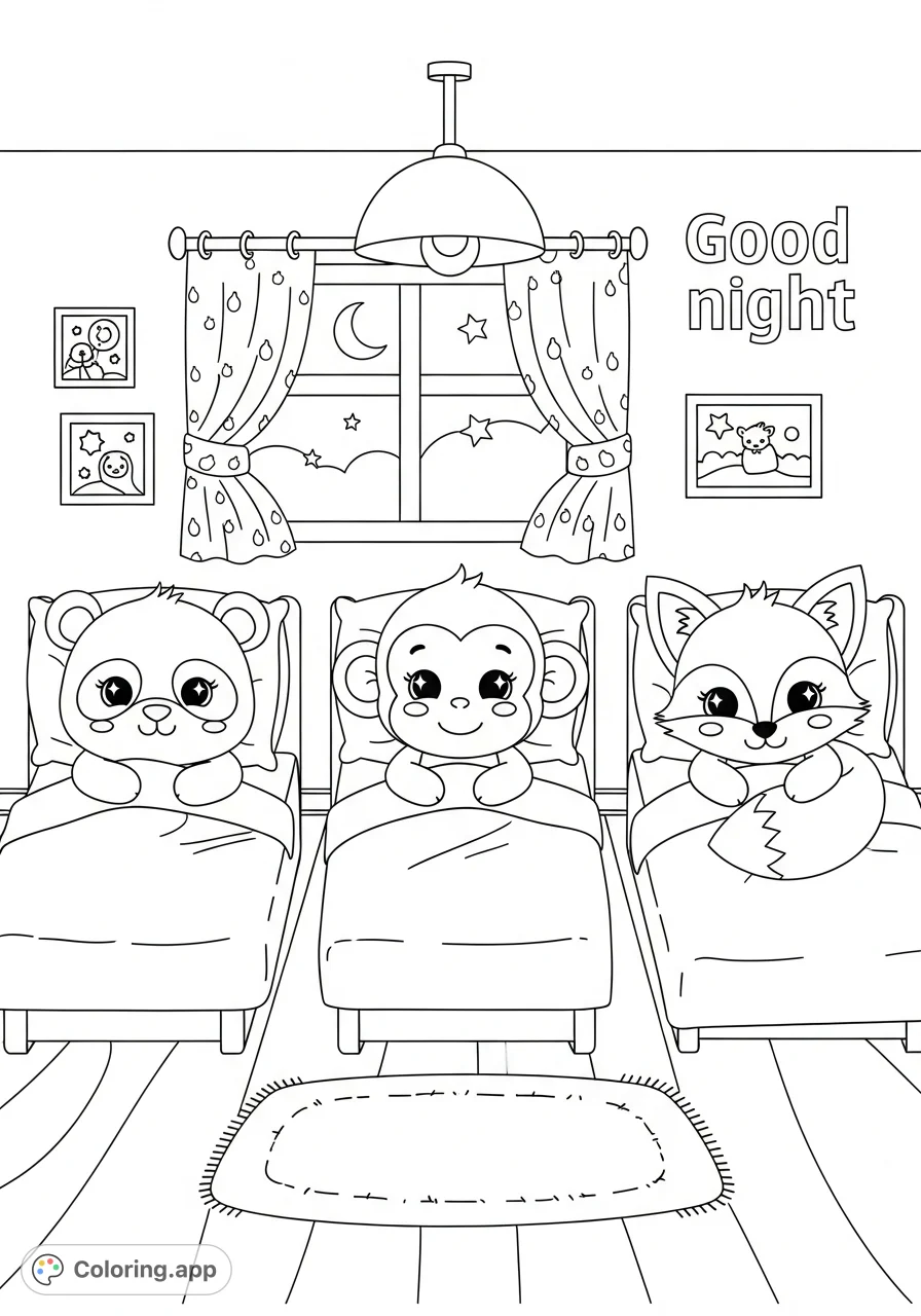 An enchanting scene of a panda, monkey, and fox in their cozy beds, featuring sparkling eyes and happy smiles. A perfect, peaceful "good night" coloring page.