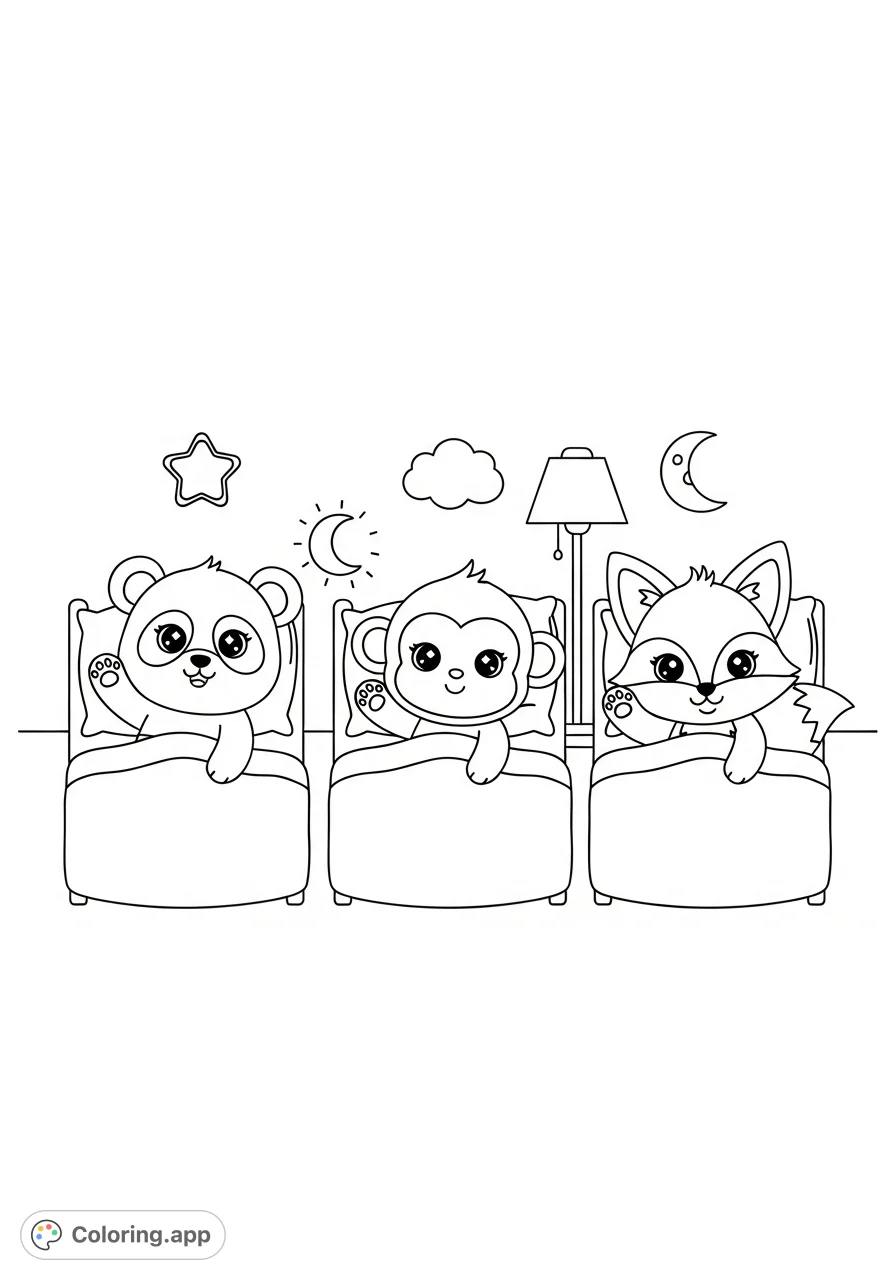 A sweet bedtime scene with a panda, monkey, and fox in cozy beds, waving goodnight. Perfect for a calming, super cute animal friends coloring page for kids.