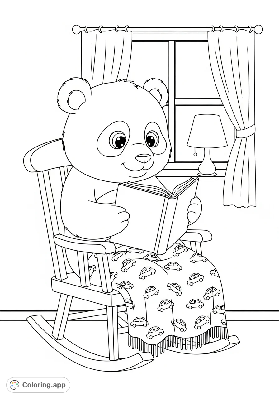Discover a charming panda snuggled in a rocking chair, engrossed in a book. This free printable panda coloring page features a cute character and cozy details.