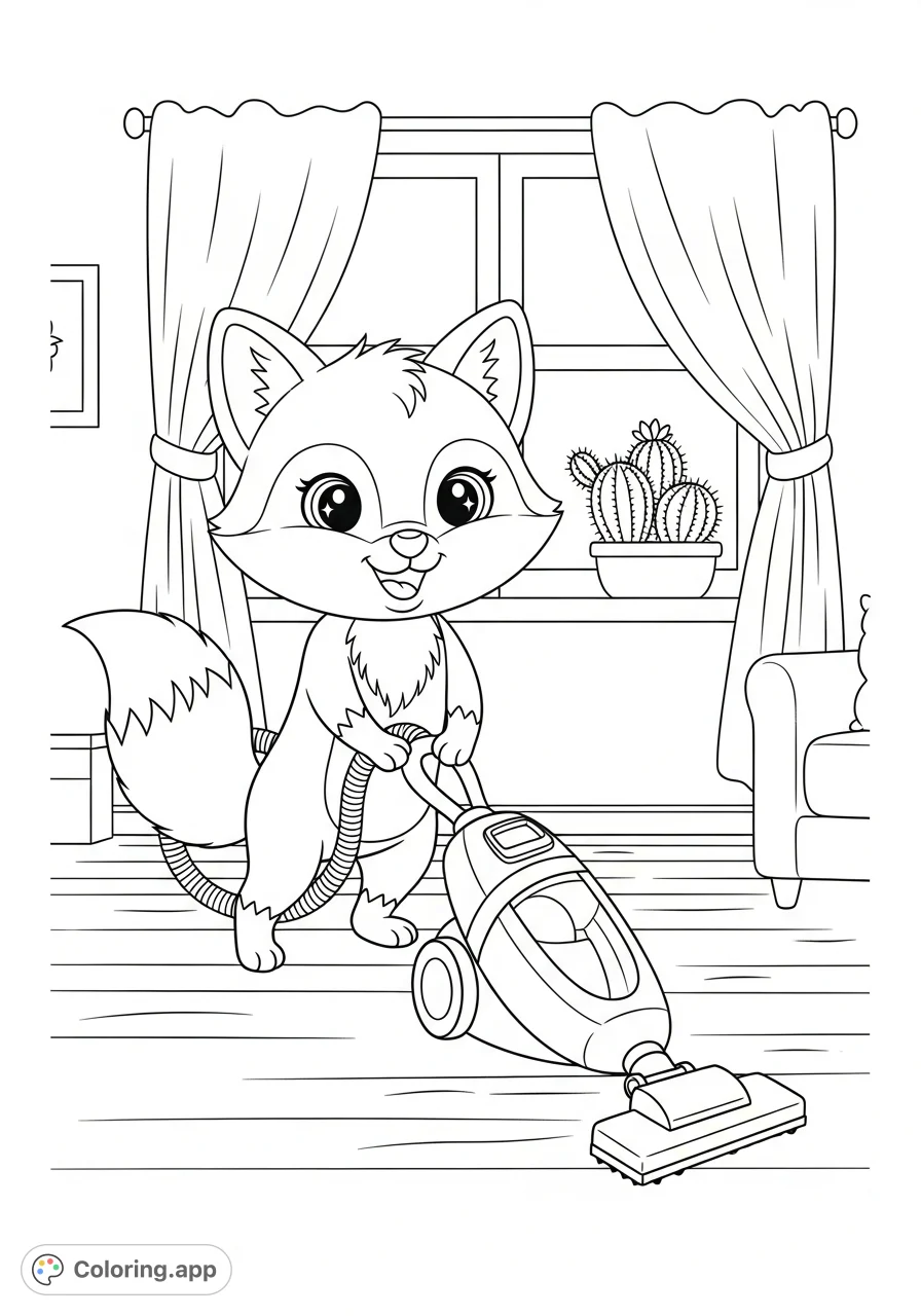 A delightful fox with sparkling eyes cheerfully vacuums a cozy living room, complete with a window, curtains, and a charming cactus on the sill.