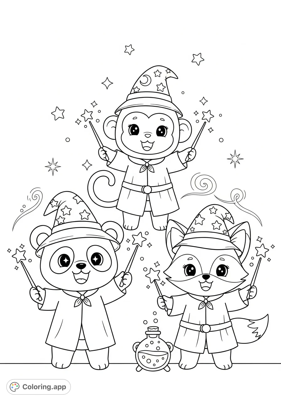 Unleash magic with a panda, monkey, and fox dressed as whimsical wizards, casting sparkling spells. A fun, free printable for kids!