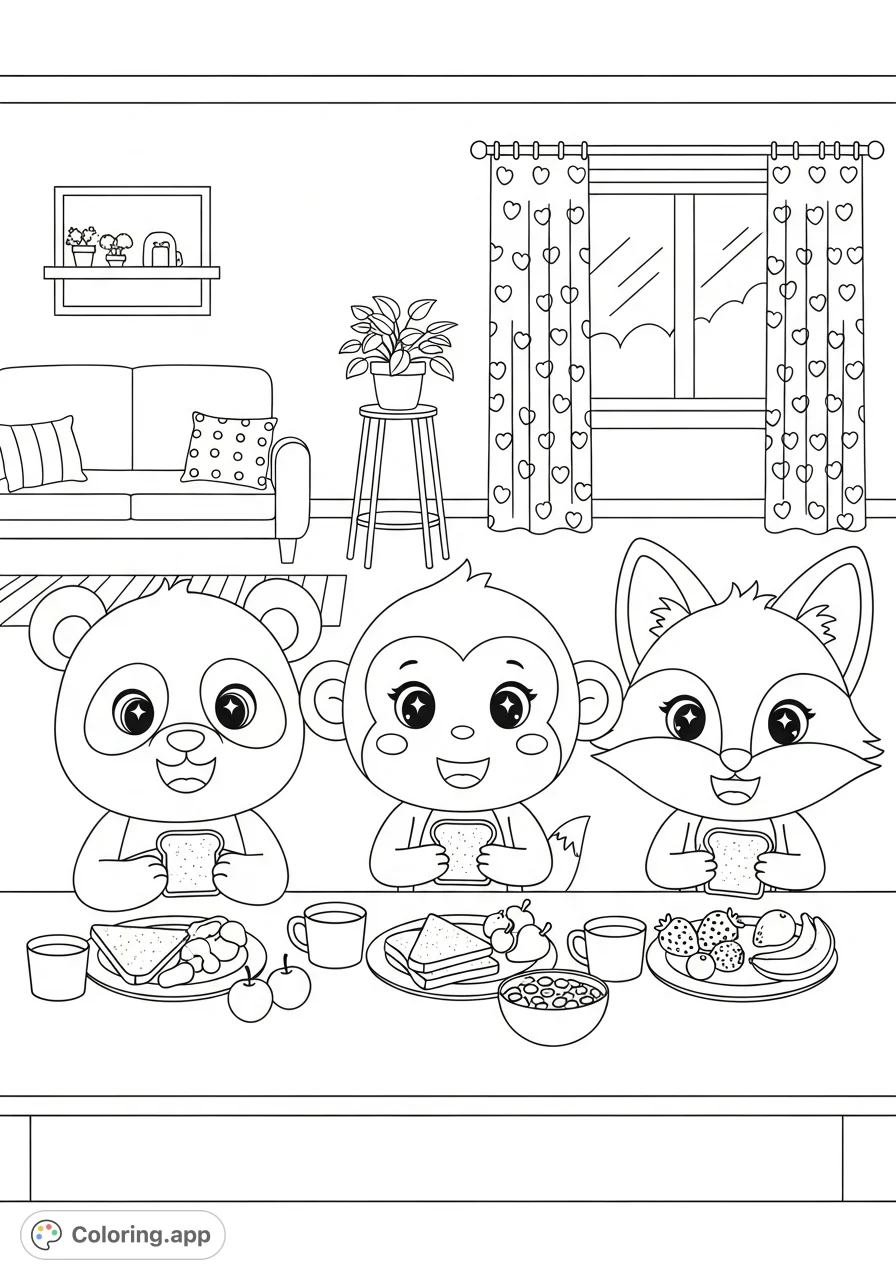 Join a panda, monkey, and fox for a delightful breakfast in a cozy living room. A cheerful scene with sparkling eyes and happy smiles, perfect for kids!