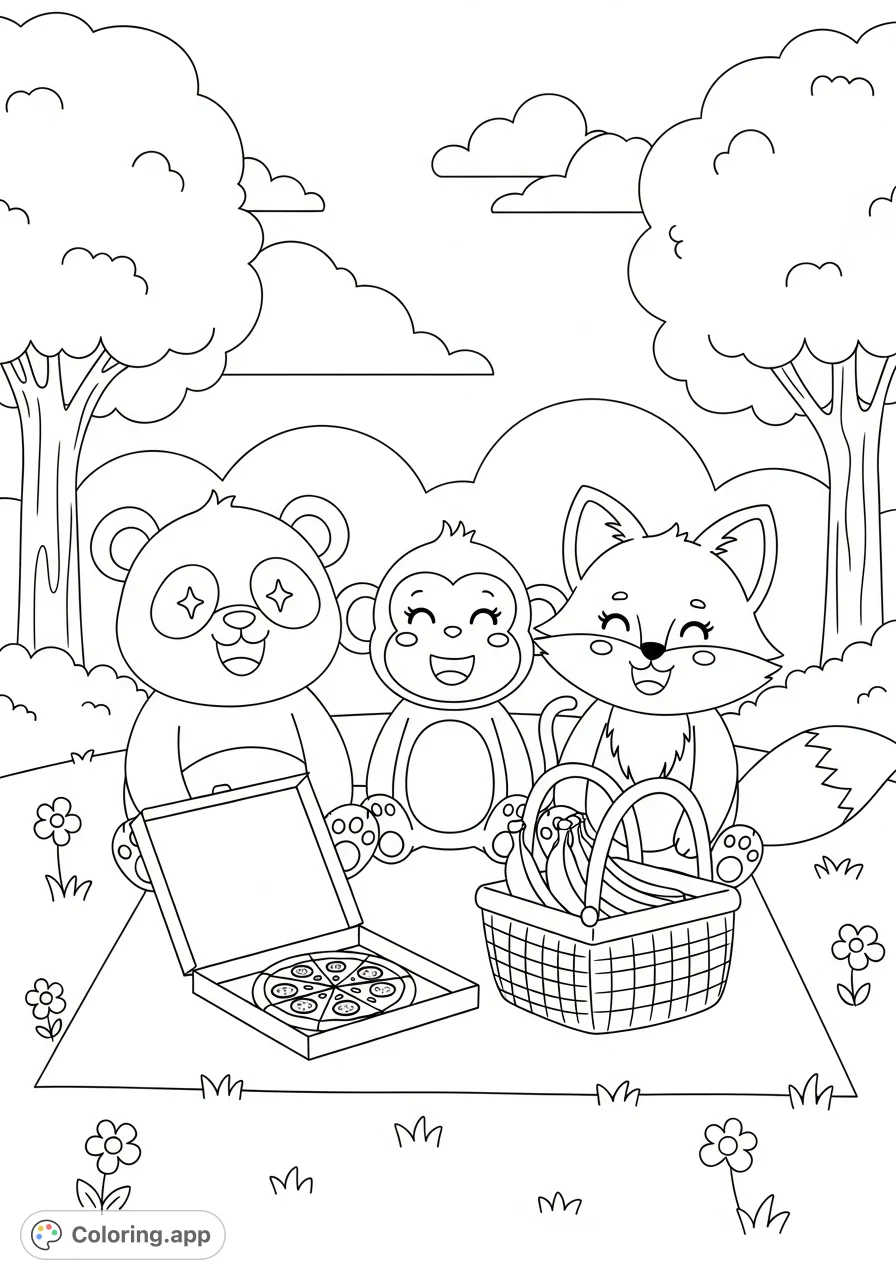 Join a cheerful panda, monkey, and fox on a delightful picnic with pizza and bananas. A charming scene filled with happy animal friends and outdoor fun.