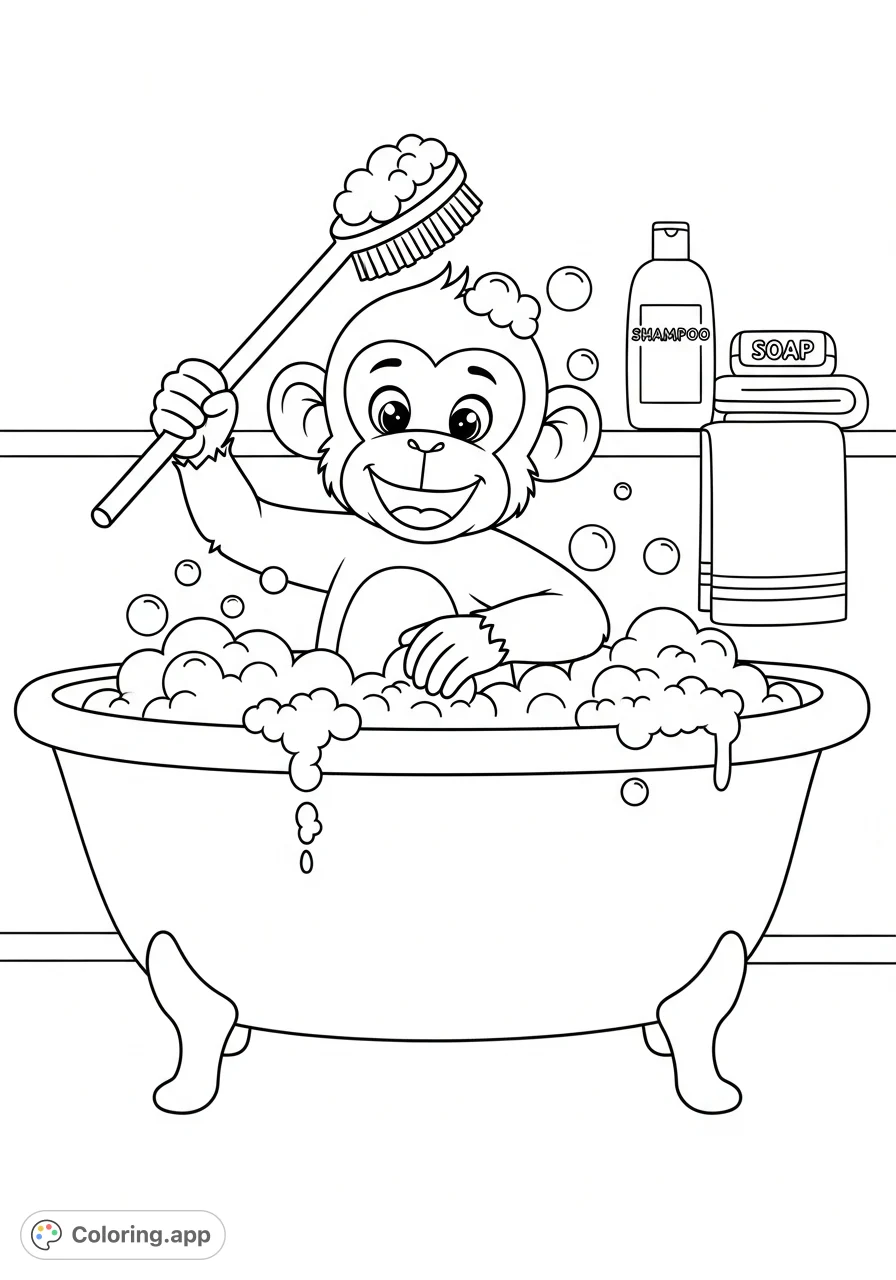 A delightful coloring page featuring a happy monkey enjoying a bubbly bath with a long brush. Overflowing foam and simple bathroom items add to the cozy scene.