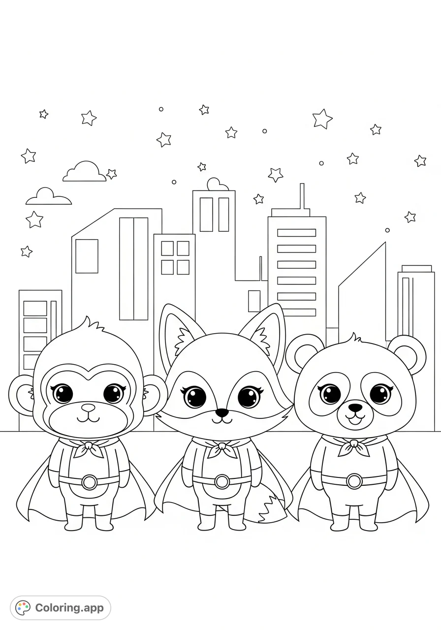 Unite with the adorable animal superhero squad! A monkey, fox, and panda with big cute eyes and capes are ready to save the day in this charming coloring page.