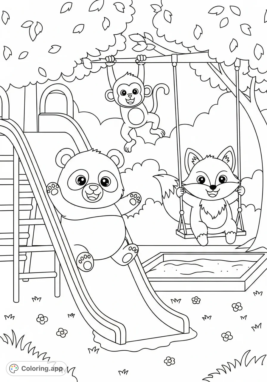 Discover a charming playground scene featuring a panda on a slide, a monkey swinging from a tree, and a fox on a swing. Filled with friendly, chubby animals!