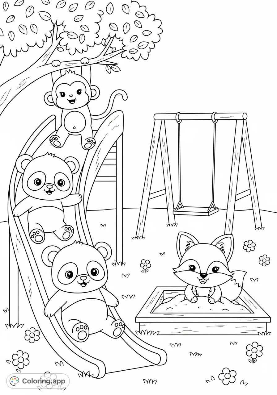A delightful playground scene featuring a smiling panda on a slide, a monkey swinging from a tree, and a fox in a sandbox, all with charming big eyes and soft shapes.