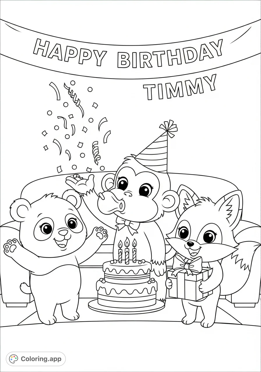 Join a panda, monkey, and fox celebrating Timmy's birthday! This charming coloring page features party hats, cake, confetti, and presents.