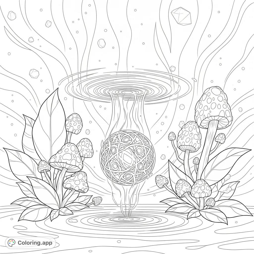 Discover a captivating glow picture featuring a central energy orb radiating intricate light patterns amidst stylized flora and dreamlike tendrils. A luminous, free printable coloring page.