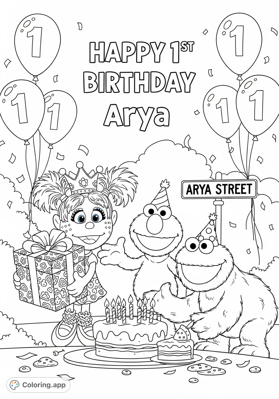 Join Elmo, Abby Cadabby, and Cookie Monster for a festive birthday celebration! Features a cake, balloons, gifts, and "Happy 1st Birthday Arya" text.