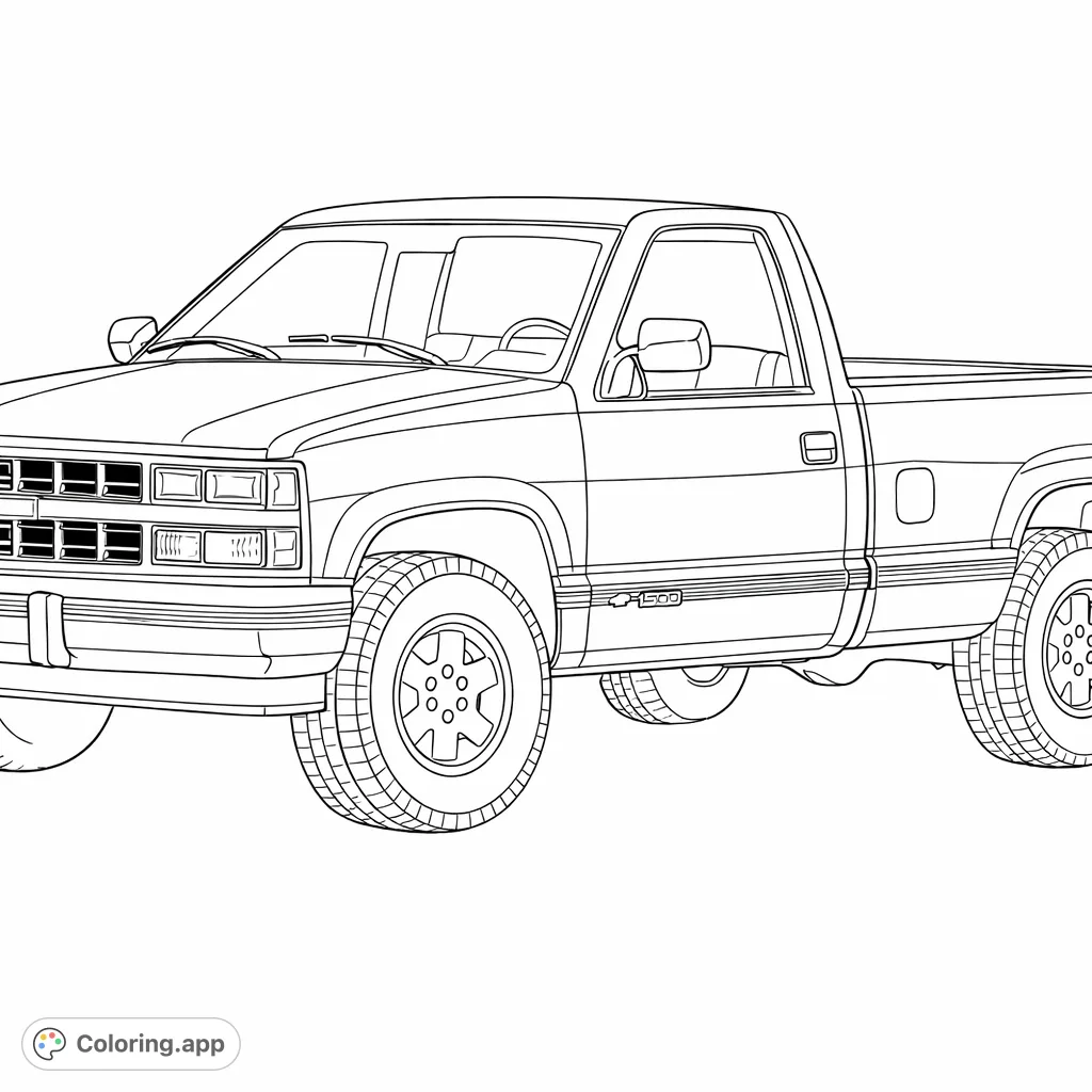 Color a classic pickup truck featuring rugged details, prominent grille, and a sturdy build, ready for work or adventure.