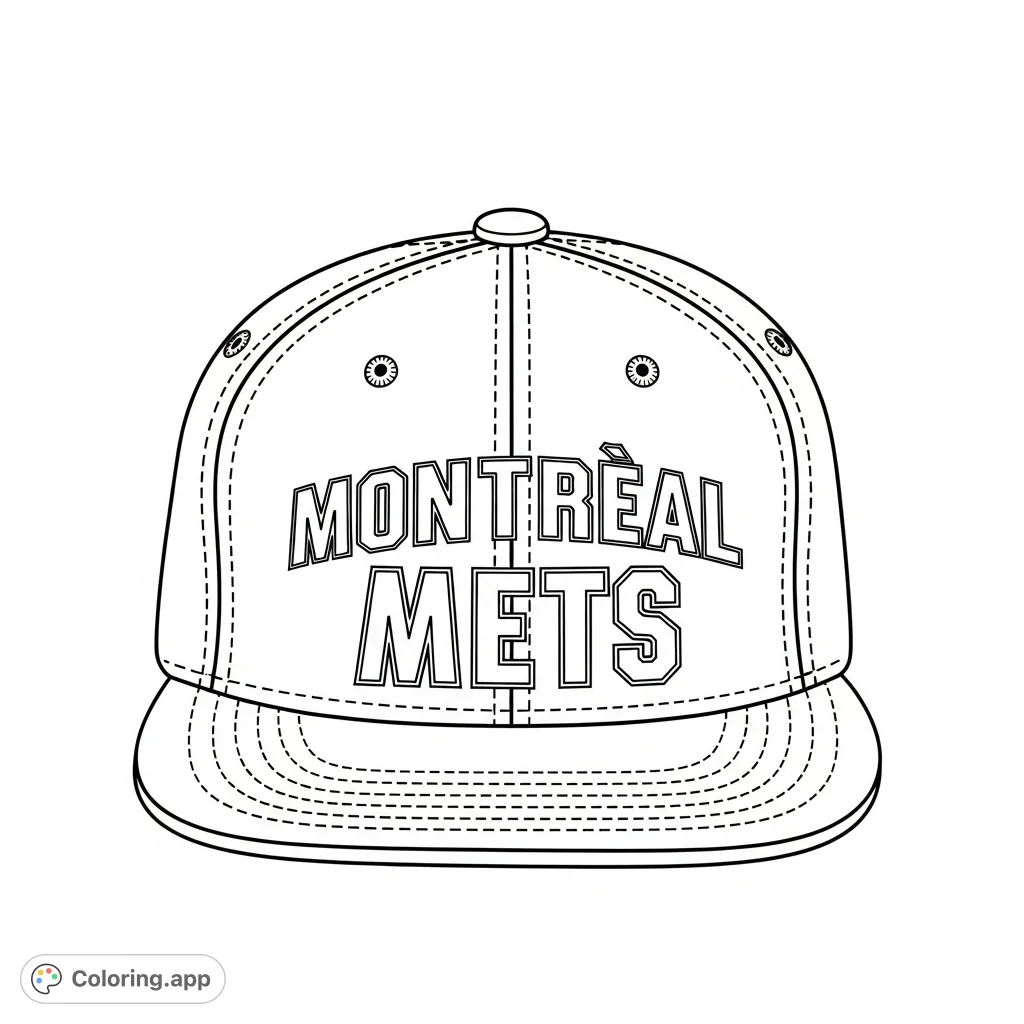 Show your team spirit with this detailed Montreal Mets baseball cap coloring page. Features iconic text and classic cap elements for fans to personalize.