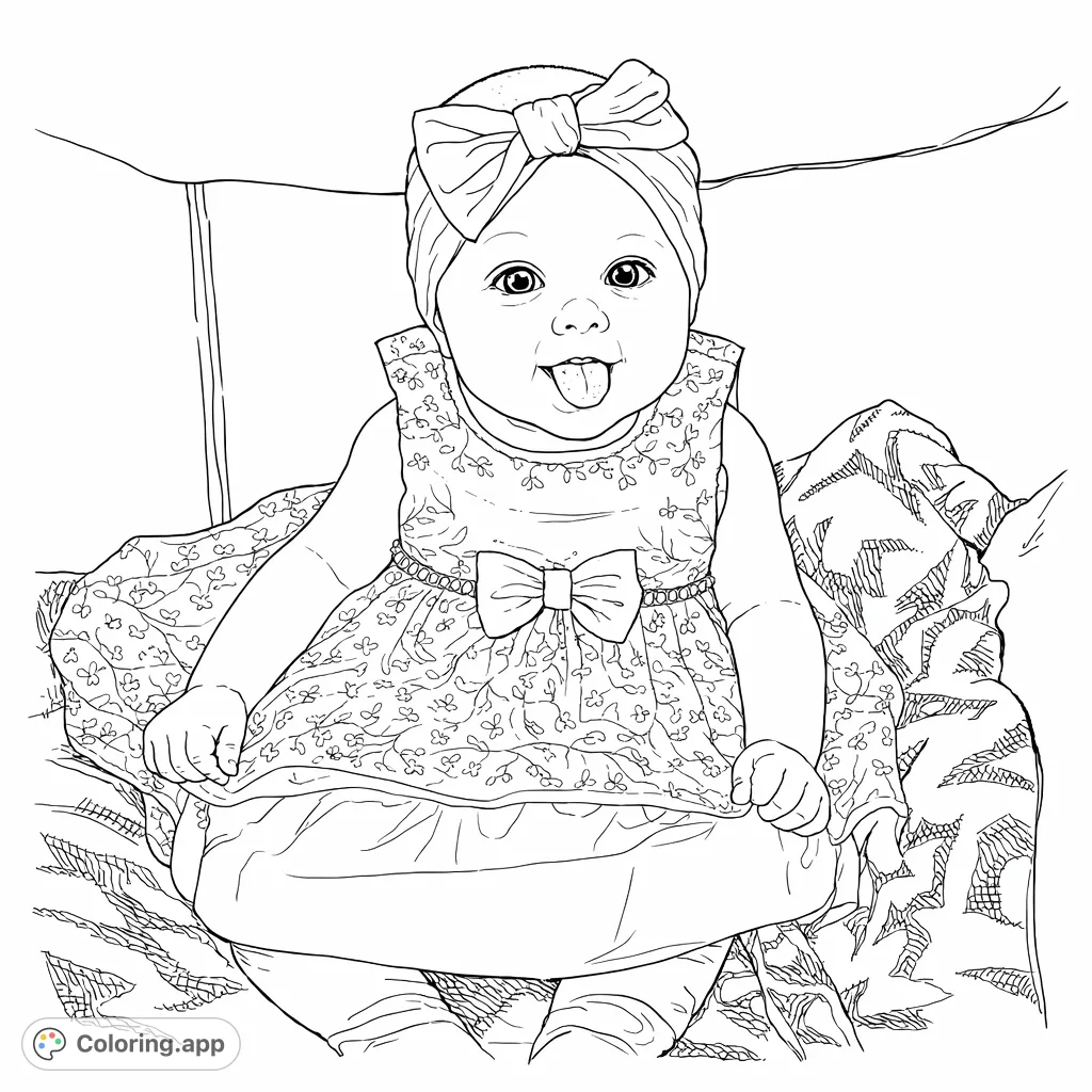 A charming infant in a decorative dress with a large bow and matching headband, captured in a delightful, expressive pose, perfect for a heartwarming coloring page.