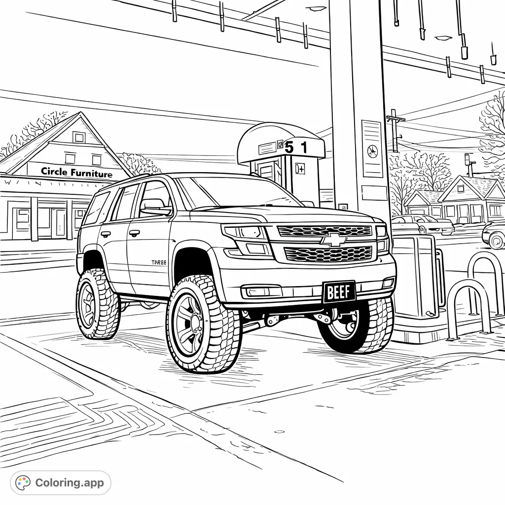 A powerful lifted SUV with large, detailed wheels at a modern fueling station, offering an engaging coloring experience for vehicle enthusiasts.