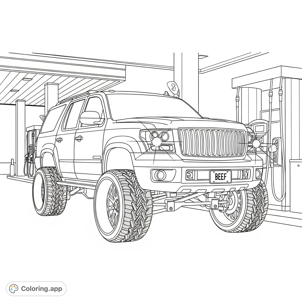 Discover a detailed lifted SUV at a fueling station, featuring prominent wheels, an imposing grille, and a custom 'BEEF' license plate for creative coloring.