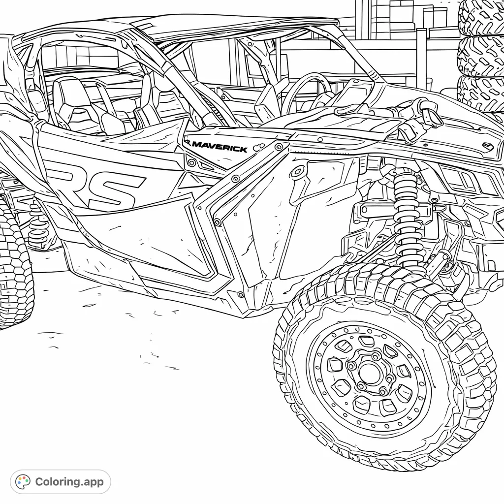 Explore the thrilling world of off-road adventure with this rugged UTV coloring page. Featuring a detailed vehicle with aggressive tires and mud splatters.
