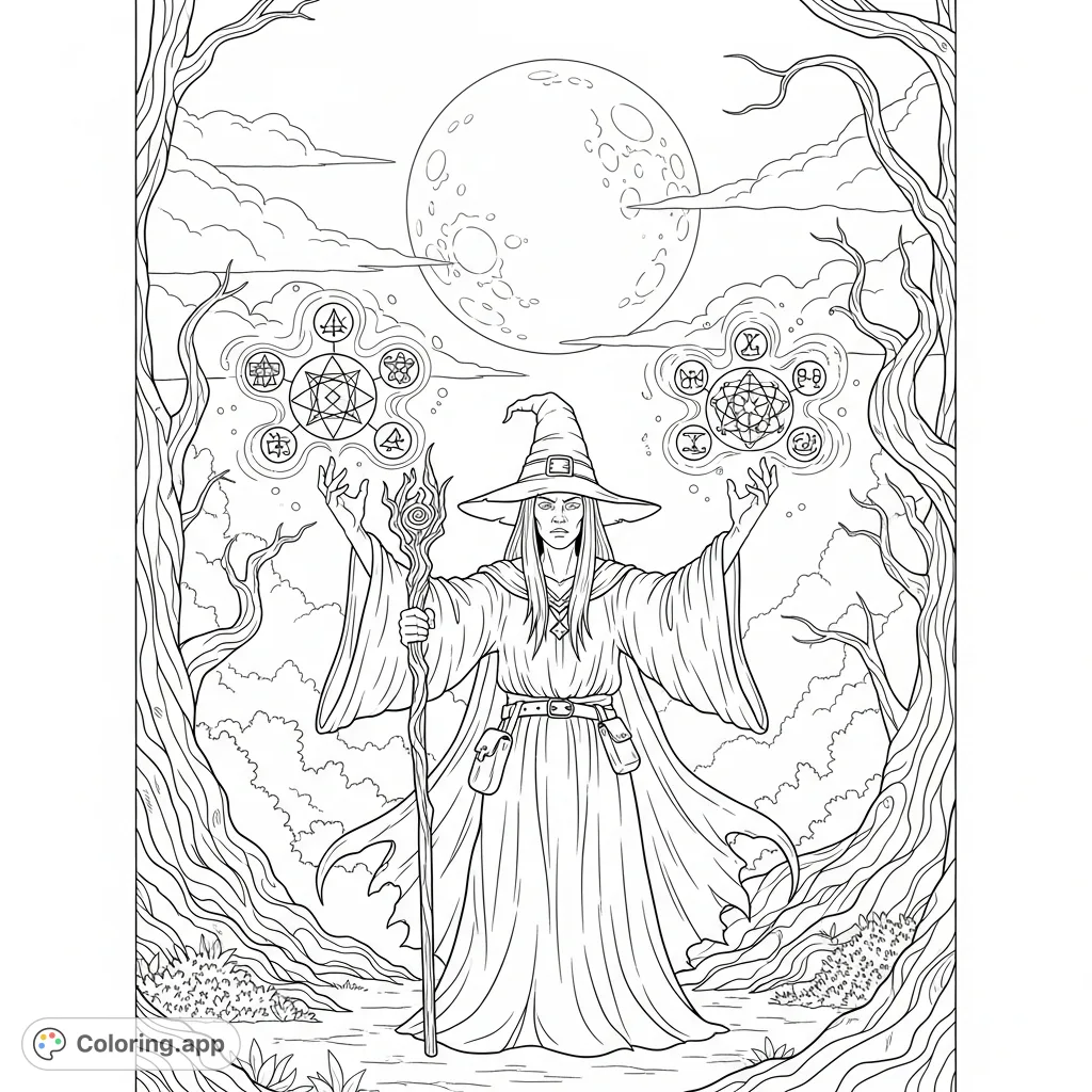 A mystical witch under a glowing full moon, enveloped by swirling magic as she casts a powerful spell in a spooky forest setting, ready for your creative touch.