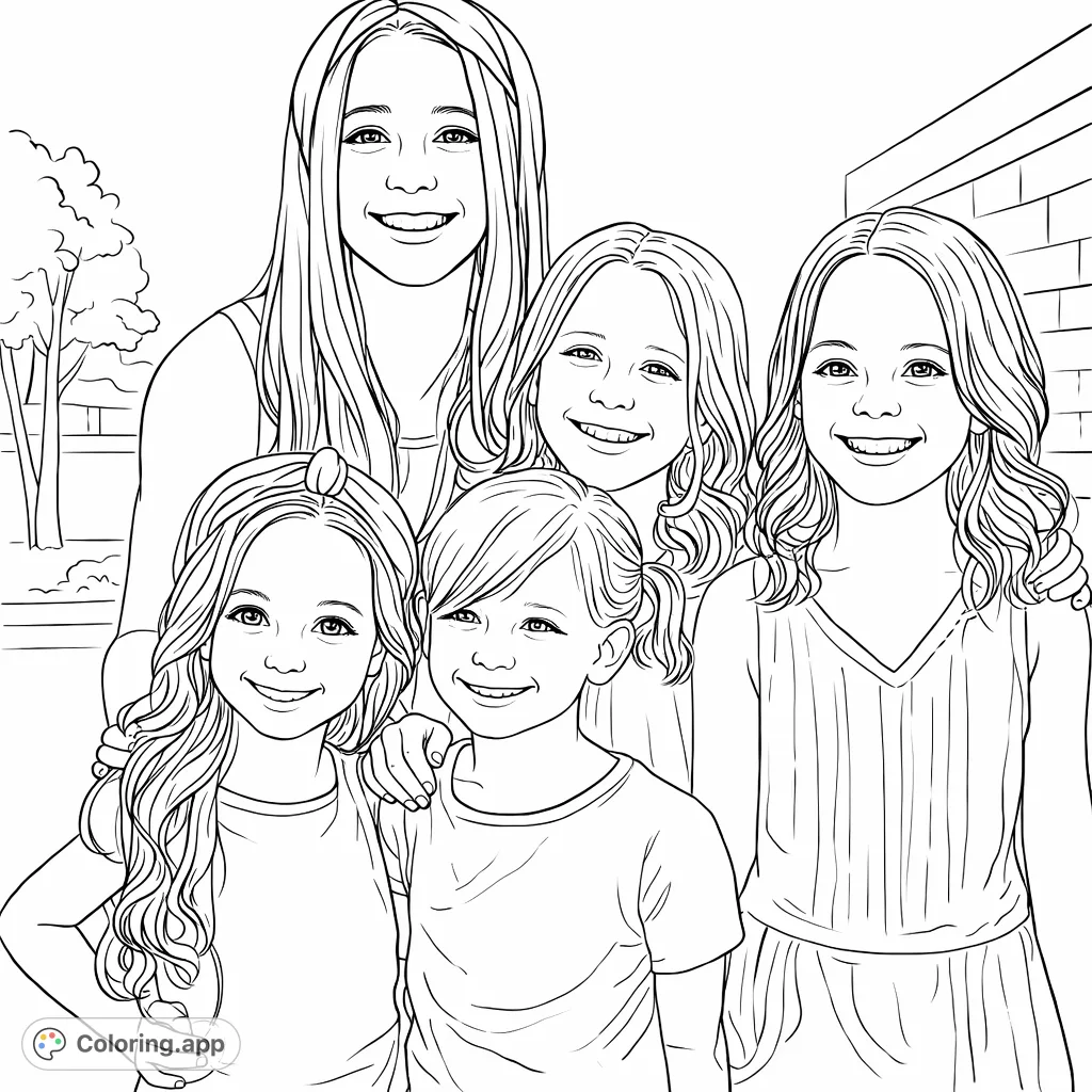 A heartwarming portrait of five smiling girls, perfect for capturing family bonds and friendship. Customize their outfits and hairstyles with your favorite shades!