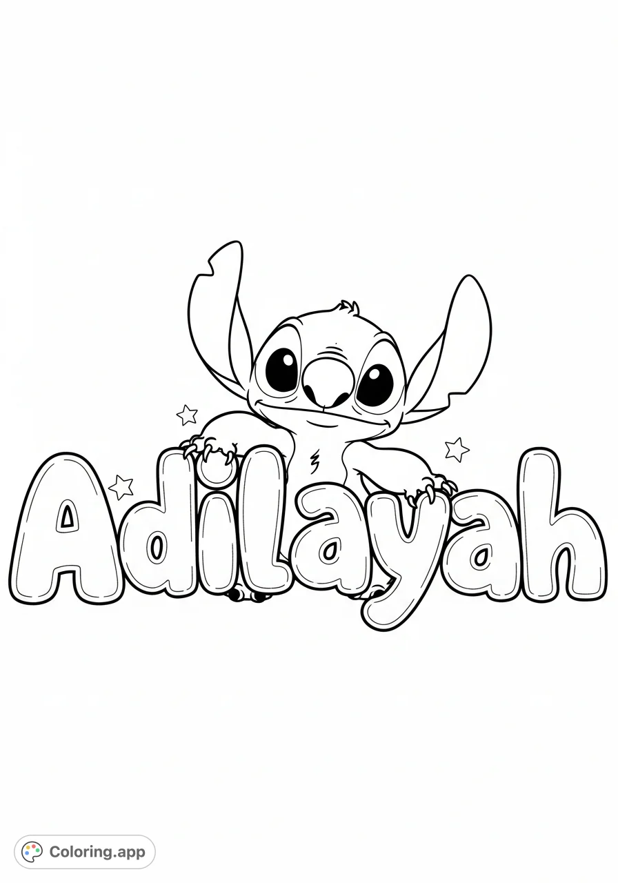 A delightful Stitch coloring page featuring the lovable alien playfully interacting with large, bubble letters spelling 'Adilayah'. Perfect for personalized fun!