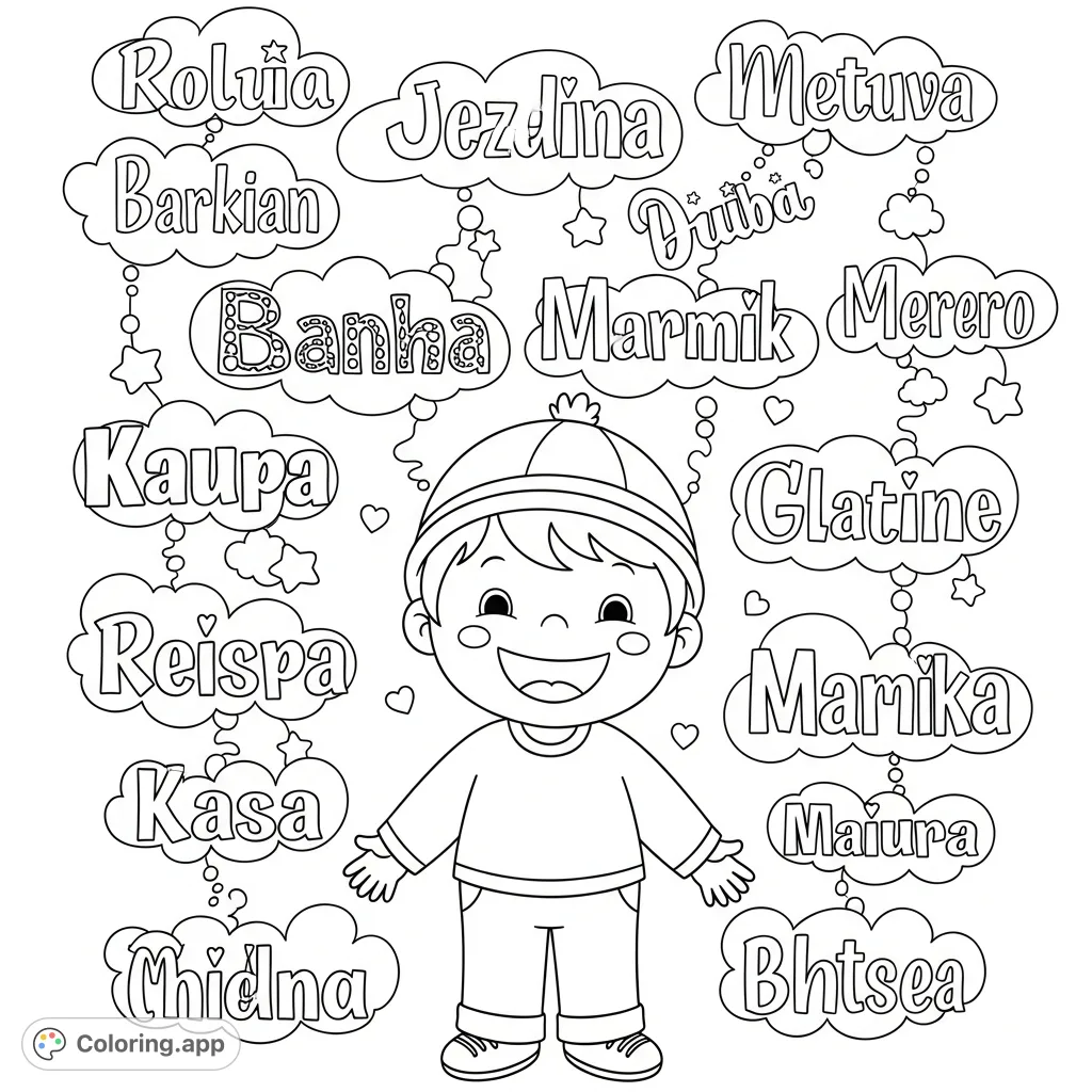 A happy child surrounded by decorative, personalized names and playful shapes. This names coloring page is a free printable, perfect for kids.