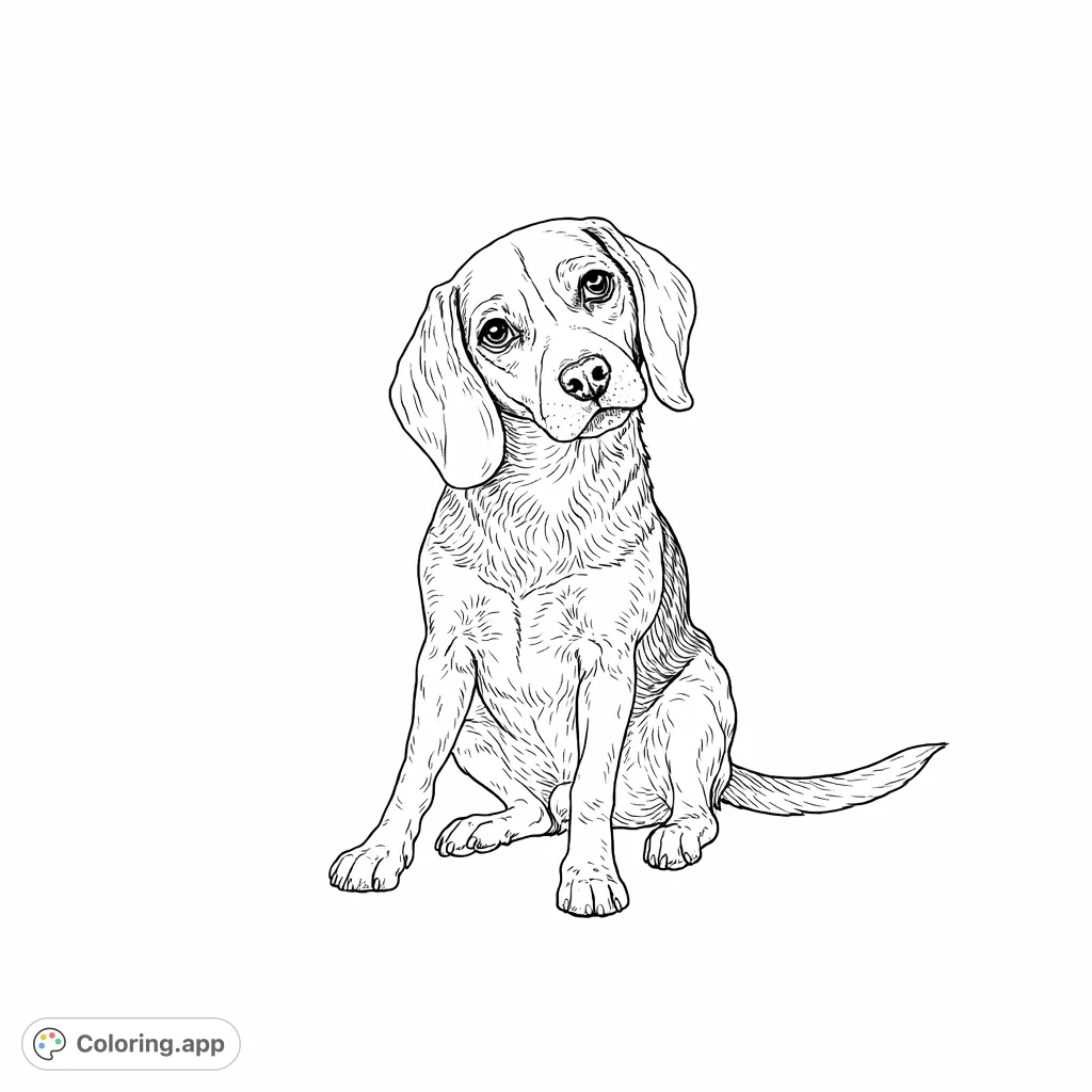Color an adorable beagle dog with an inquisitive head tilt, detailed fur patterns, and expressive eyes. Perfect for pet lovers of all ages!