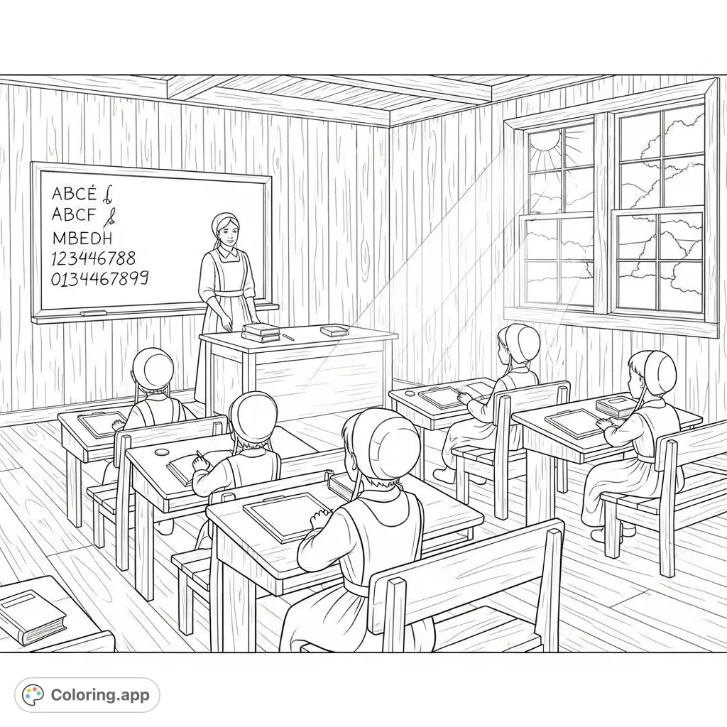 A charming Amish school house coloring page featuring children at wooden desks, a teacher, and a classic chalkboard. Perfect for educational and serene coloring.