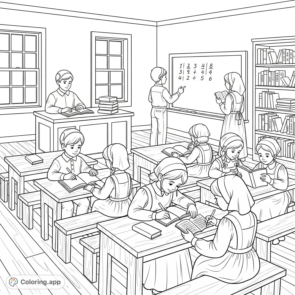 Step into a serene Mennonite schoolhouse scene. Boys and girls are diligently learning at wooden desks, surrounded by simple, classic classroom elements.